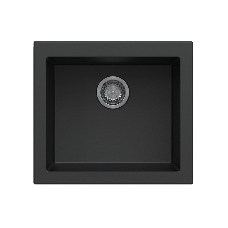 Black granite single bowl undermount kitchen sink made from durable granite quartz stone, featuring deep bowl design and 90mm waste.-Kitchen Sink-Ezymall AU