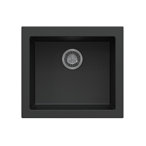Black granite single bowl undermount kitchen sink made from durable granite quartz stone, featuring deep bowl design and 90mm waste.-Kitchen Sink-Ezymall AU