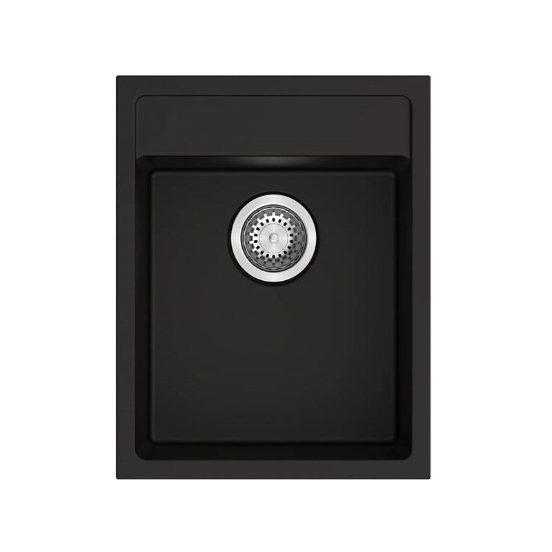 Black granite single bowl kitchen sink made from durable granite quartz stone, offering flexible installation options and a compact, modern design.-Kitchen Sink-Ezymall AU