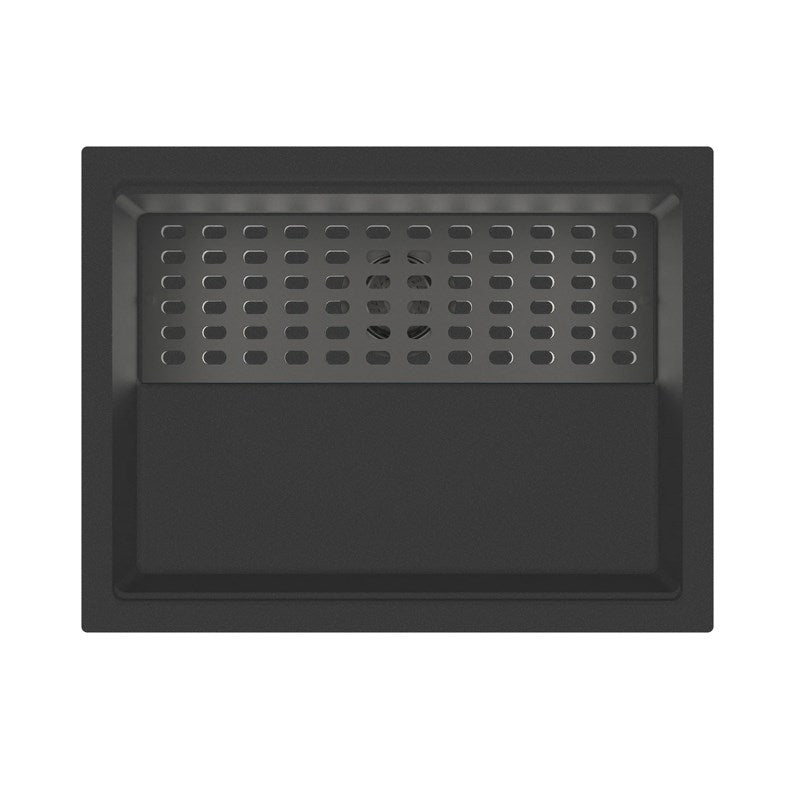 Black granite single bowl kitchen sink made from durable granite quartz stone, featuring a deep bowl with bottom grid and colander included.-Kitchen Sink-Ezymall AU