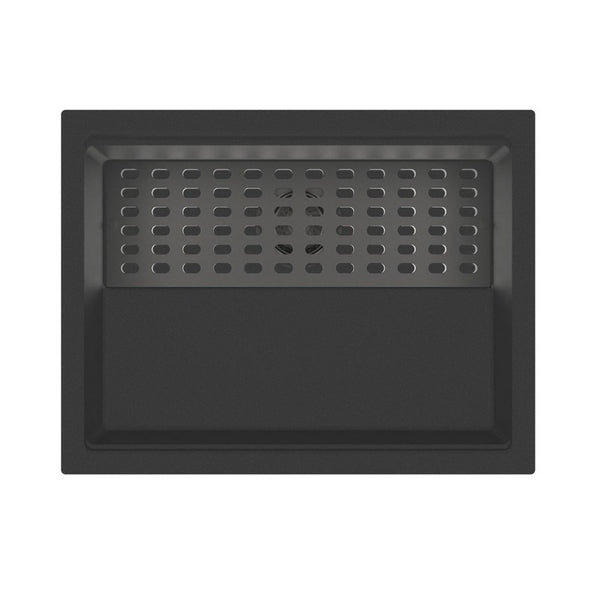 Black granite single bowl kitchen sink made from durable granite quartz stone, featuring a deep bowl with bottom grid and colander included.-Kitchen Sink-Ezymall AU