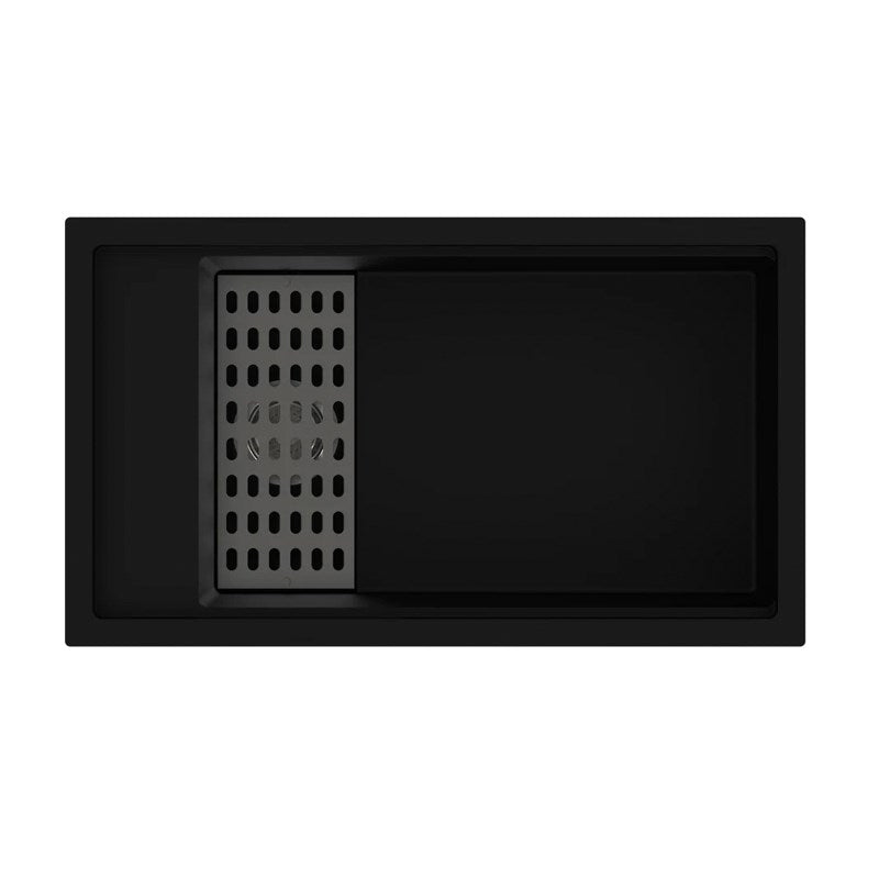 Black granite single bowl kitchen sink made from durable granite quartz stone, featuring deep bowl design with bottom grid and colander included.-Kitchen Sink-Ezymall AU