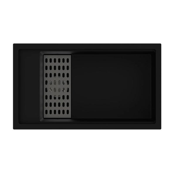 Black granite single bowl kitchen sink made from durable granite quartz stone, featuring deep bowl design with bottom grid and colander included.-Kitchen Sink-Ezymall AU