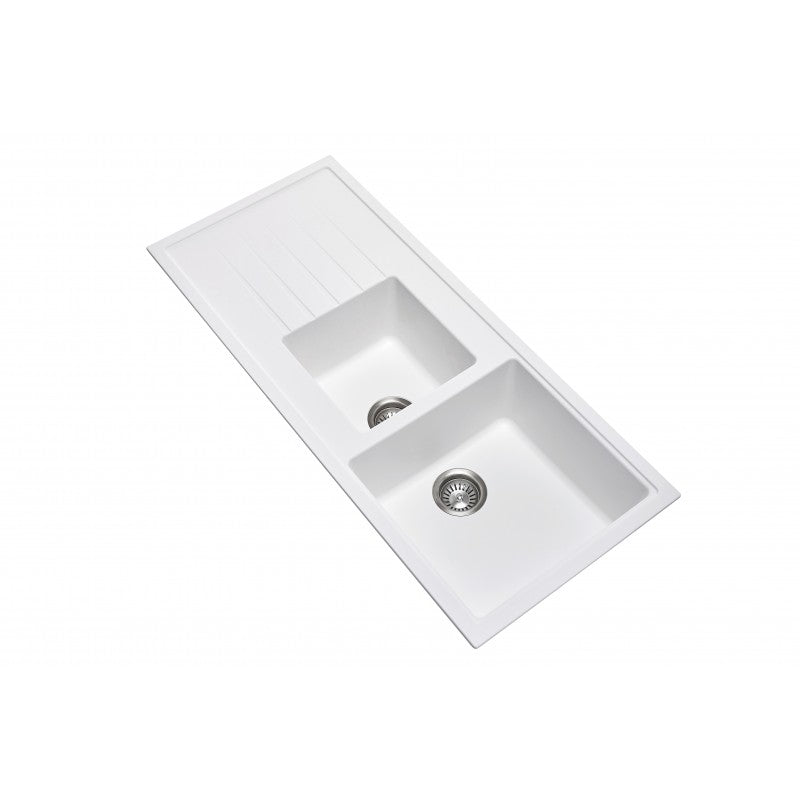 Enhance your kitchen with the Carysil Granite Stone 1 1/2 Bowl Kitchen Sink in White. Features a draining board and measures 1160x500mm. Shop now!-Kitchen Sink-Ezymall AU