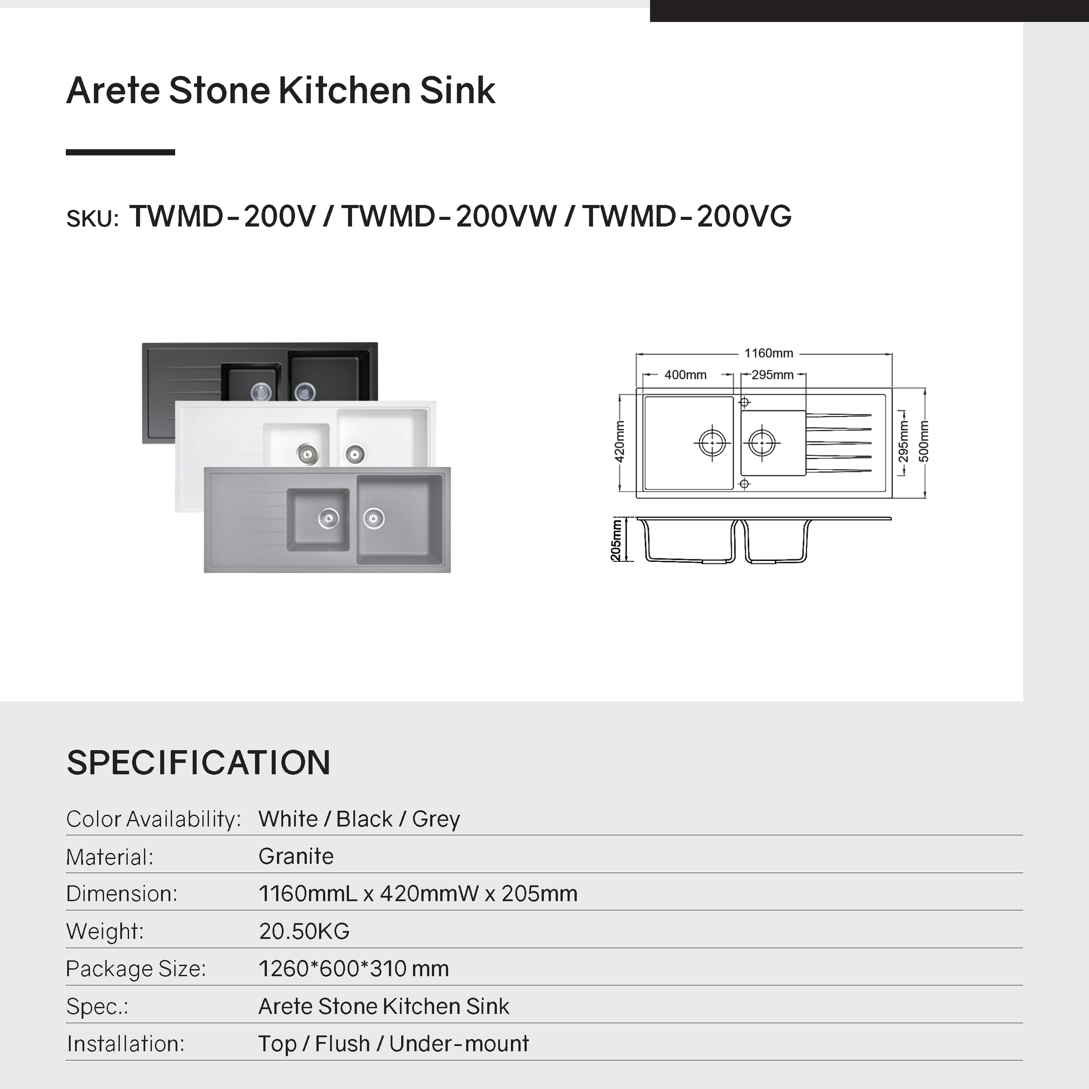 Enhance your kitchen with the Carysil Granite Stone 1 1/2 Bowl Kitchen Sink in White. Features a draining board and measures 1160x500mm. Shop now!-Kitchen Sink-Ezymall AU