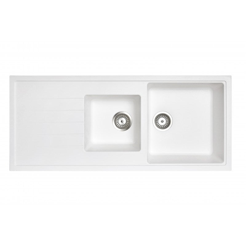 Enhance your kitchen with the Carysil Granite Stone 1 1/2 Bowl Kitchen Sink in White. Features a draining board and measures 1160x500mm. Shop now!-Kitchen Sink-Ezymall AU