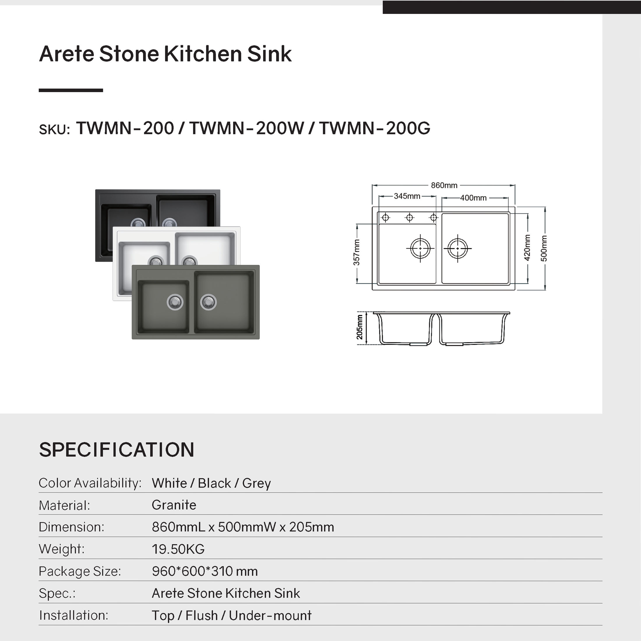 Upgrade your kitchen with the Carysil granite stone 1 & 3/4 bowl kitchen sink in white. Measuring 860x500x200mm, it combines durability with a sleek design.-Kitchen Sink-Ezymall AU