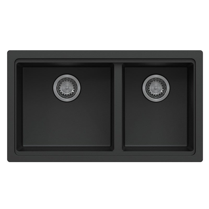Black granite double bowl undermount kitchen sink made from durable granite quartz stone, featuring deep bowls, 90mm waste, and modern design.-Kitchen Sink-Ezymall AU