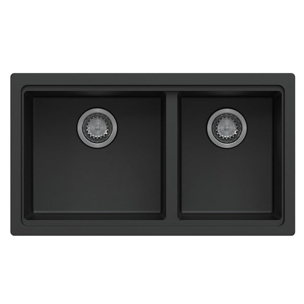 Black granite double bowl undermount kitchen sink made from durable granite quartz stone, featuring deep bowls, 90mm waste, and modern design.-Kitchen Sink-Ezymall AU