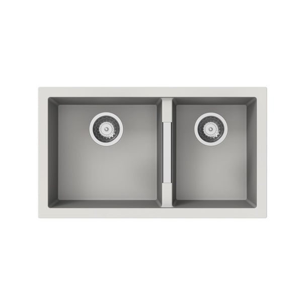 White granite double bowl undermount kitchen sink made from durable granite quartz stone, featuring deep bowls, 90mm waste, and modern design.-Kitchen Sink-Ezymall AU