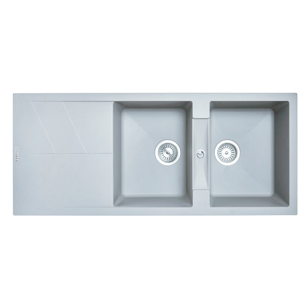 Upgrade your kitchen with the Carysil Granite Stone Double Bowl Kitchen Sink in Concrete Grey. Features a draining board and measures 1150x500mm. Shop now!-Kitchen Sink-Ezymall AU