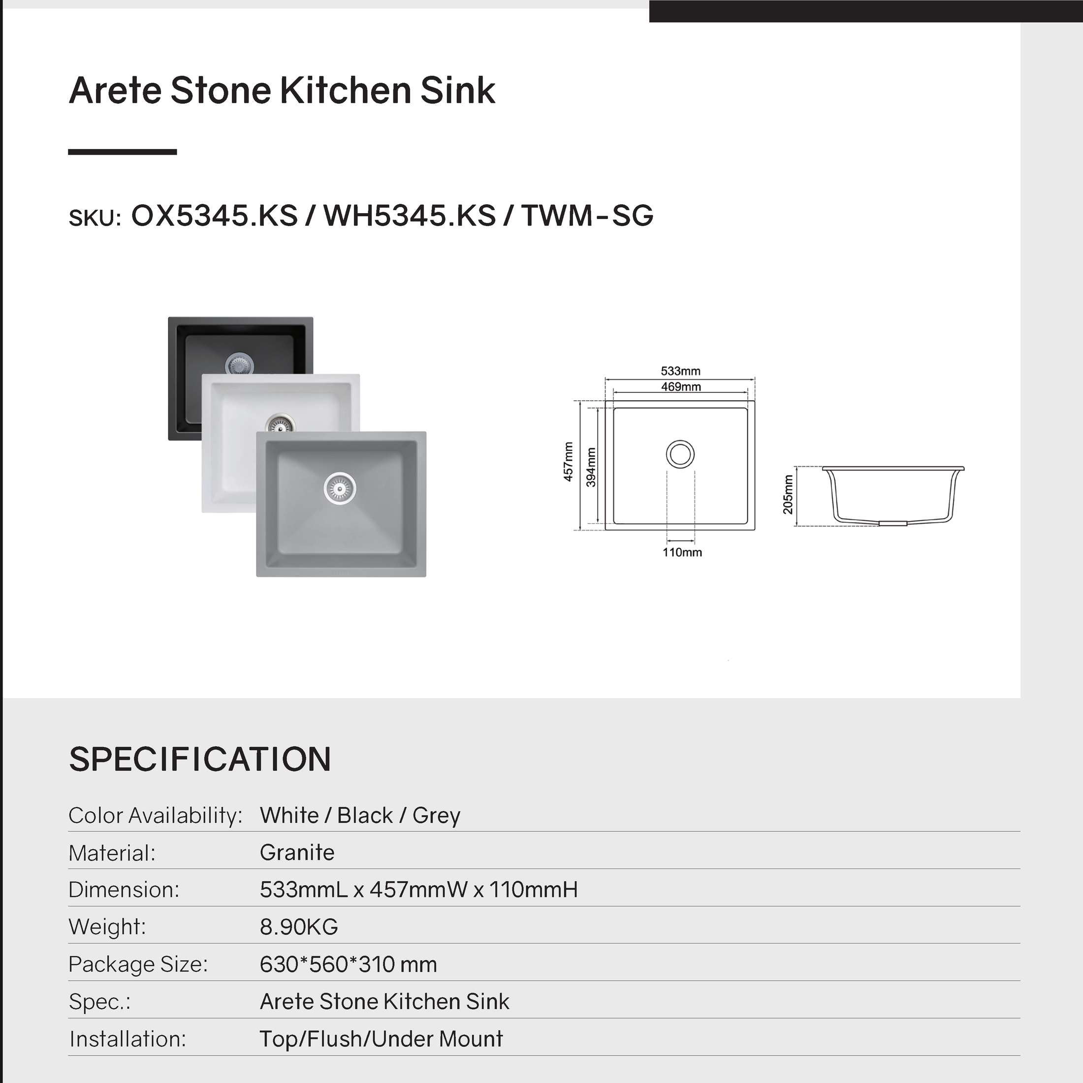 The Carysil Granite Stone Single Bowl Kitchen Sink measures 533*457mm and features a concrete grey finish. Durable and stylish, perfect for modern kitchens. Upgrade your space today!-Kitchen Sink-Ezymall AU