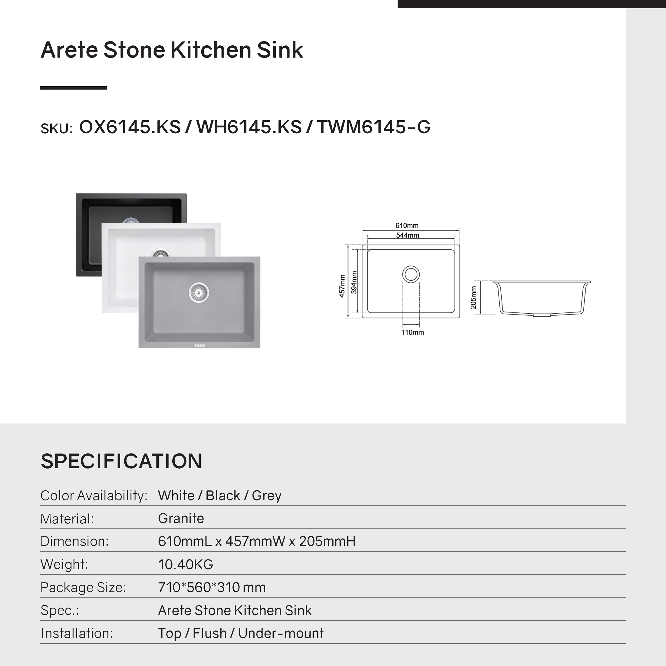 Add a touch of sophistication with the Carysil granite stone single bowl kitchen sink in concrete grey, measuring 610*457mm. Durable and stylish. Find it at Ezymall today.-Kitchen Sink-Ezymall AU