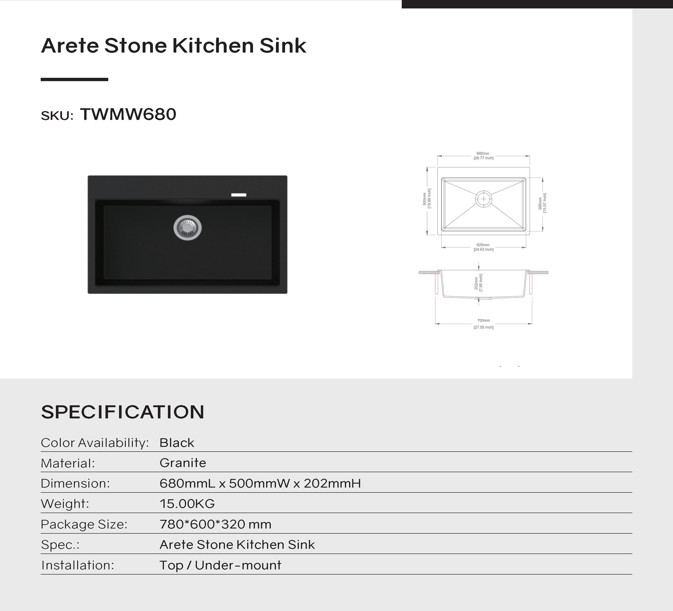 The Carysil granite stone kitchen sink in white combines style and functionality. Measuring 680x500x220mm, this single bowl sink is perfect for modern kitchens. Durable design.-Kitchen Sink-Ezymall AU