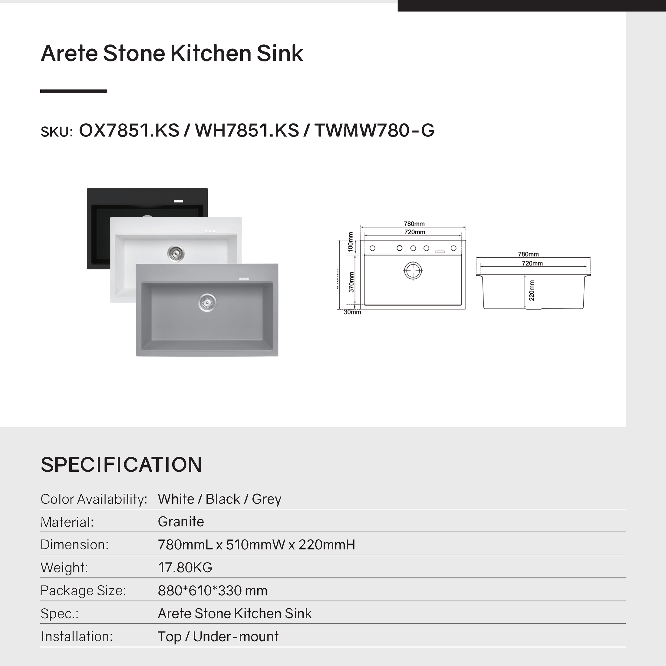 The Carysil granite stone single bowl kitchen sink in concrete grey, sized 780x510x220mm, offers a blend of style and resilience. Perfect for any modern kitchen. Available at Ezymall.-Kitchen Sink-Ezymall AU