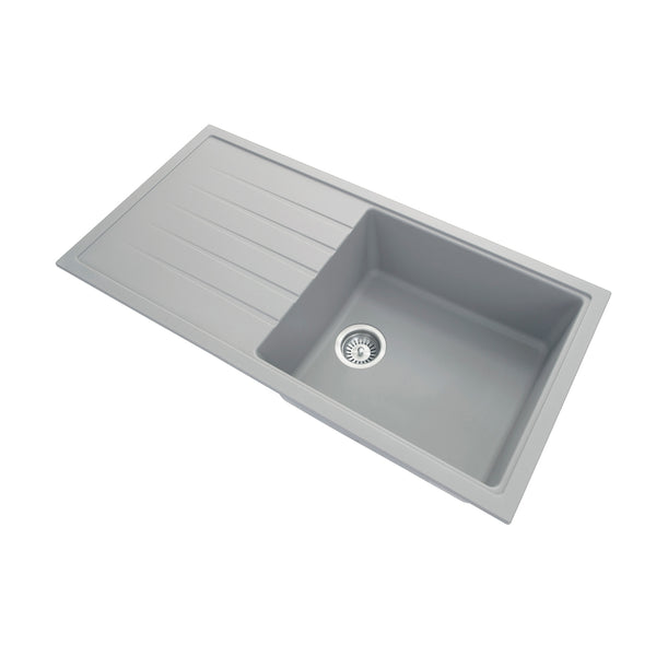 The Carysil granite stone single bowl kitchen sink with draining board in concrete grey, sized 1000x500mm, offers a blend of style and resilience. Perfect for any modern kitchen. Available at Ezymall.-Kitchen Sink-Ezymall AU