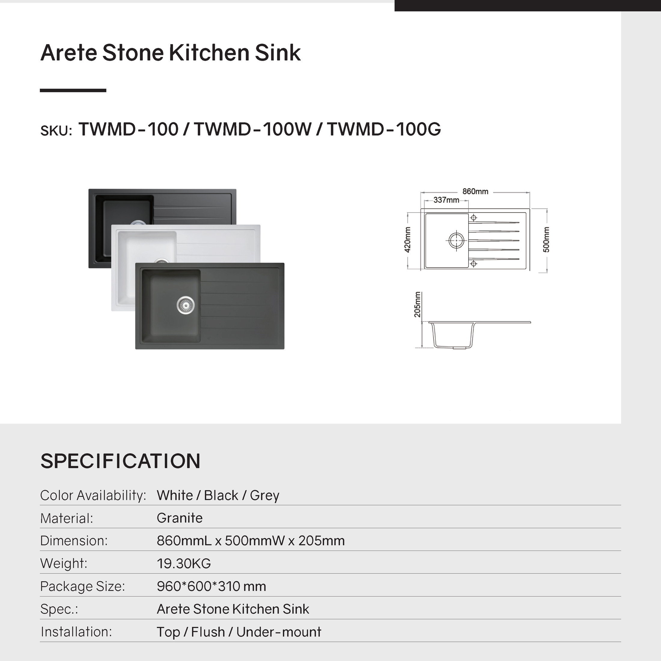 The Carysil Black Granite Stone Sink combines style and functionality. This single bowl sink with draining board (860x500mm) is a durable addition to your kitchen. Order online today!-Kitchen Sink-Ezymall AU