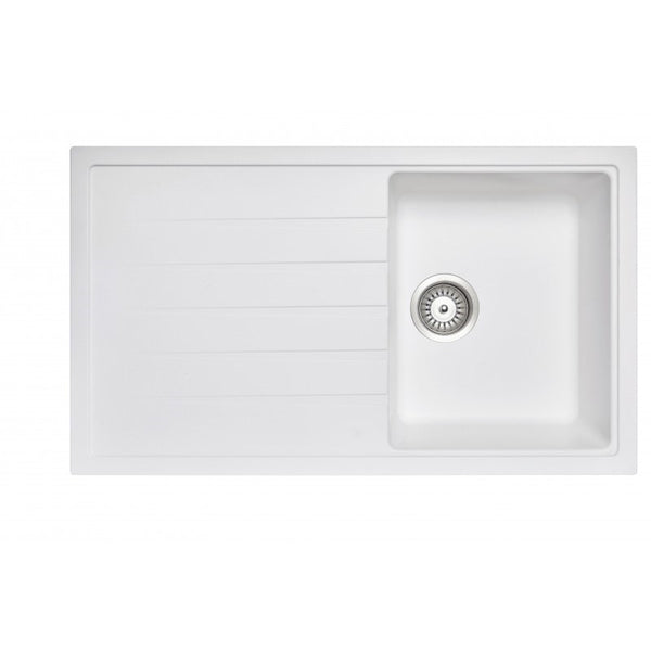 The Carysil granite stone single bowl kitchen sink with draining board in white, sized 860x500mm, offers a blend of style and resilience. Perfect for any modern kitchen. Available at Ezymall.-Kitchen Sink-Ezymall AU