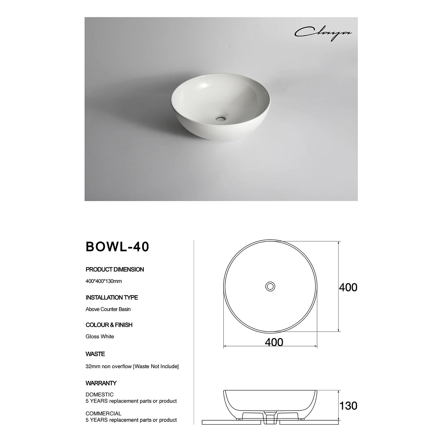 CLAYA Bowl-40 round vessel basin made from durable gloss white ceramic. Modern 400mm above counter basin ideal for contemporary bathroom vanities.-Basin Sink-Ezymall AU