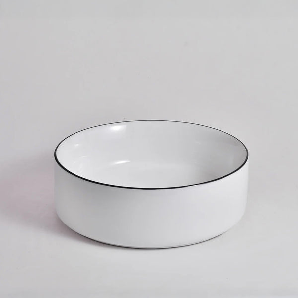 CLAYA Brighton-36 above counter basin in gloss white with black rim. 360mm round ceramic basin with non-overflow waste for modern bathrooms.-Basin Sink-Ezymall AU