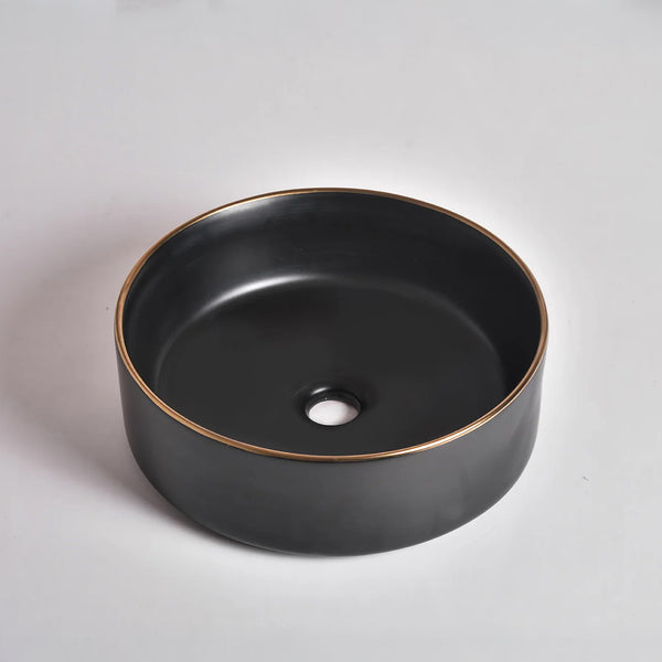 CLAYA Brighton-36 above counter basin in matte black with hand-painted gold rim. 360mm ceramic basin with non-overflow design for modern bathrooms.-Basin Sink-Ezymall AU