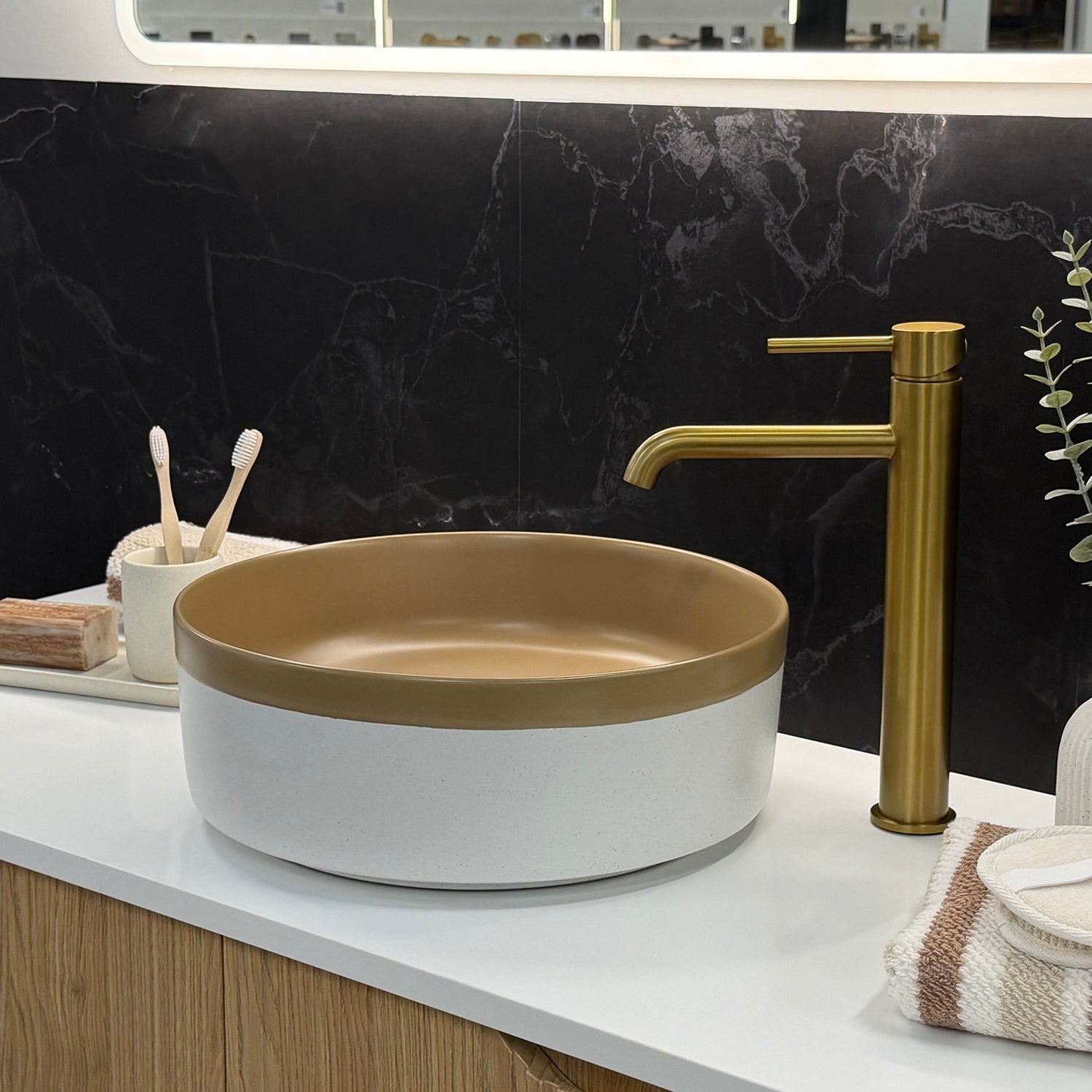 CLAYA Colour Plus-37 above counter basin with matte light brown interior and natural white exterior. Premium ceramic 370mm basin for modern bathroom vanities.-Basin Sink-Ezymall AU