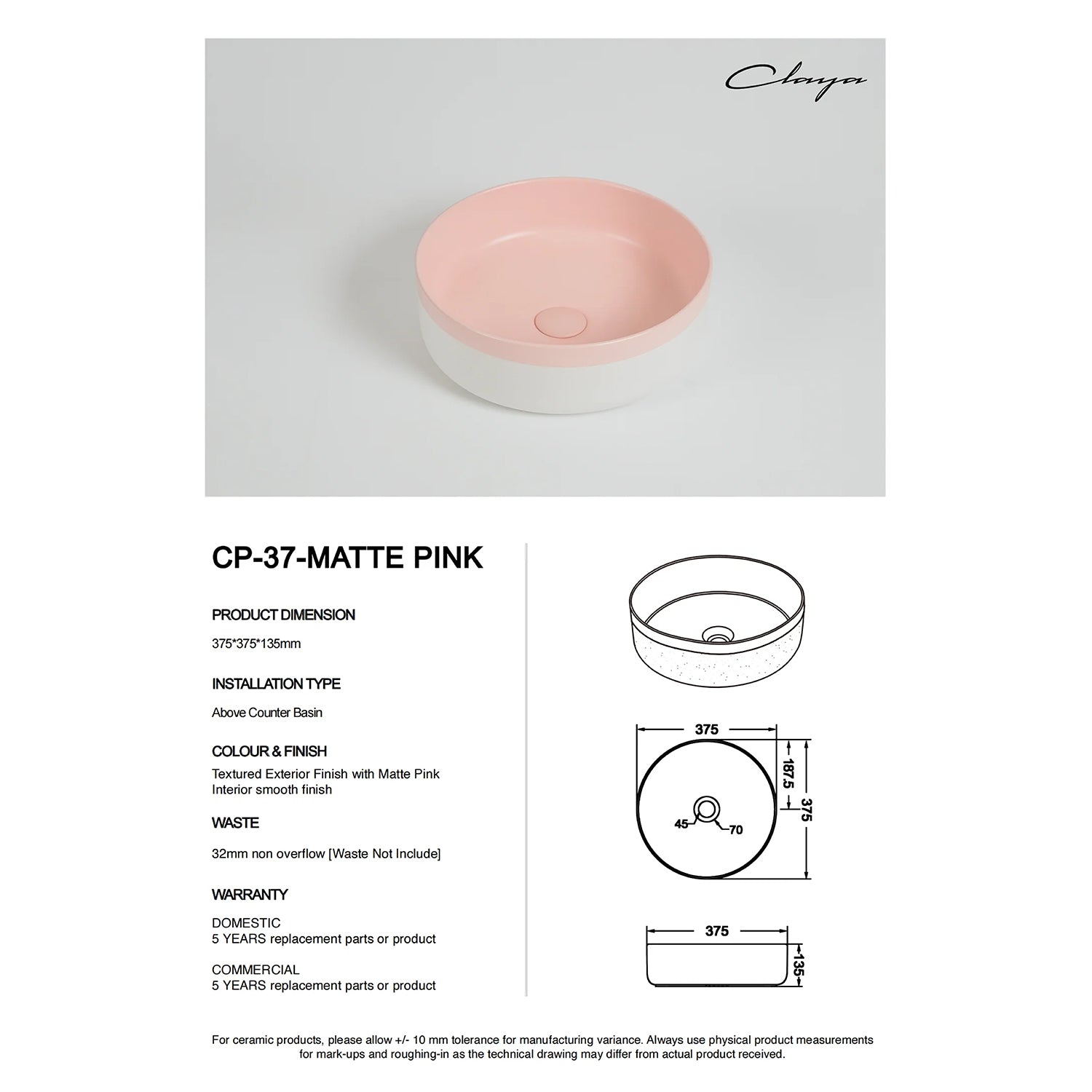 CLAYA Colour Plus-37 above counter basin with matte pink interior and natural white exterior. Premium ceramic 370mm basin for modern bathroom vanities.-Basin Sink-Ezymall AU