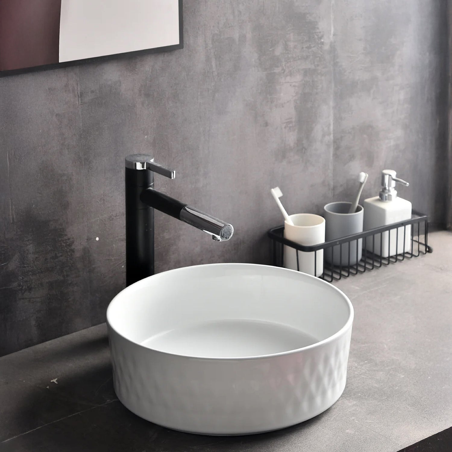 CLAYA Diamond-36 above counter basin with diamond textured exterior in matte white ceramic. 360mm round basin for modern bathrooms.-Basin Sink-Ezymall AU