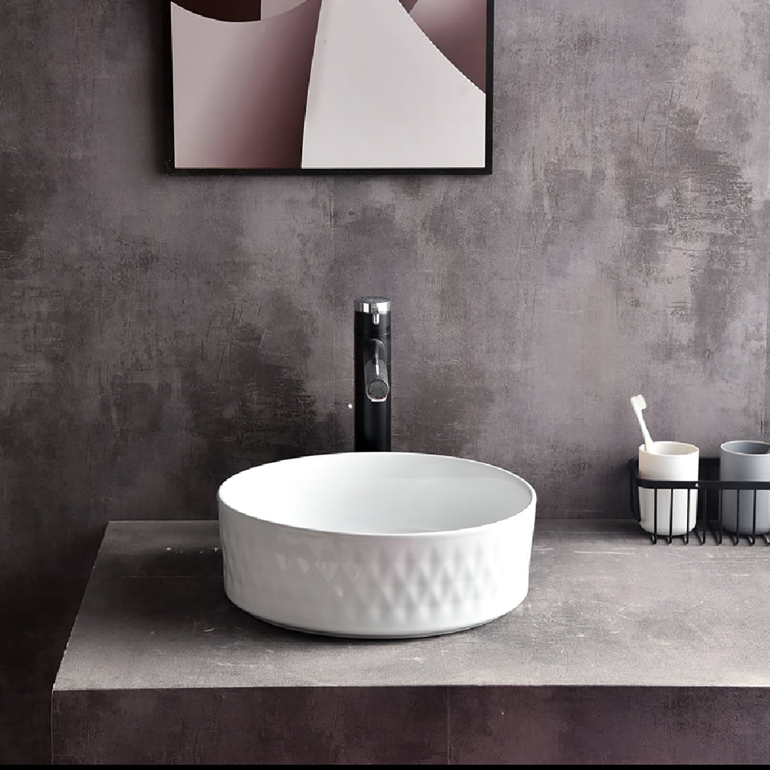 CLAYA Diamond-36 above counter basin with diamond textured exterior in matte white ceramic. 360mm round basin for modern bathrooms.-Basin Sink-Ezymall AU