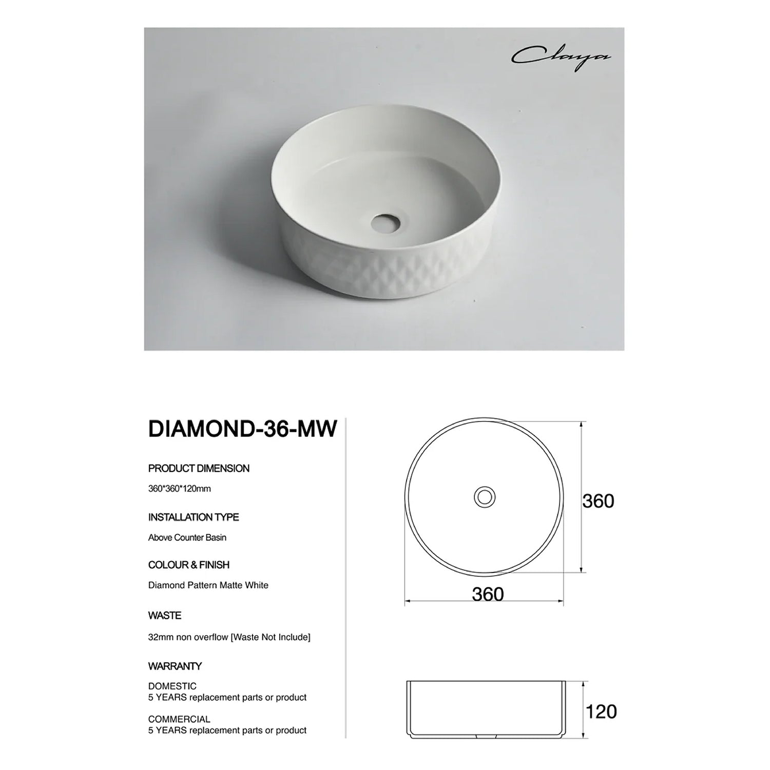 CLAYA Diamond-36 above counter basin with diamond textured exterior in matte white ceramic. 360mm round basin for modern bathrooms.-Basin Sink-Ezymall AU