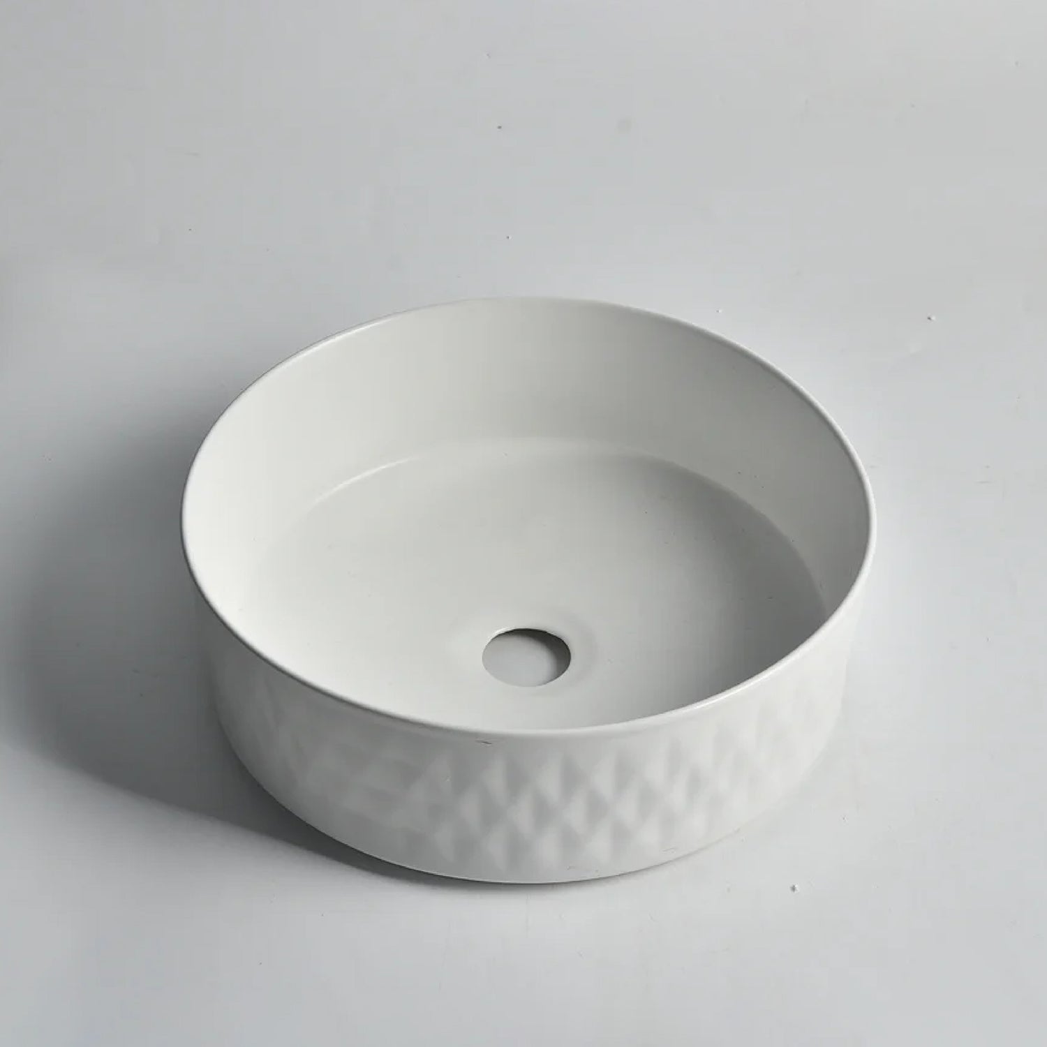 CLAYA Diamond-36 above counter basin with diamond textured exterior in matte white ceramic. 360mm round basin for modern bathrooms.-Basin Sink-Ezymall AU