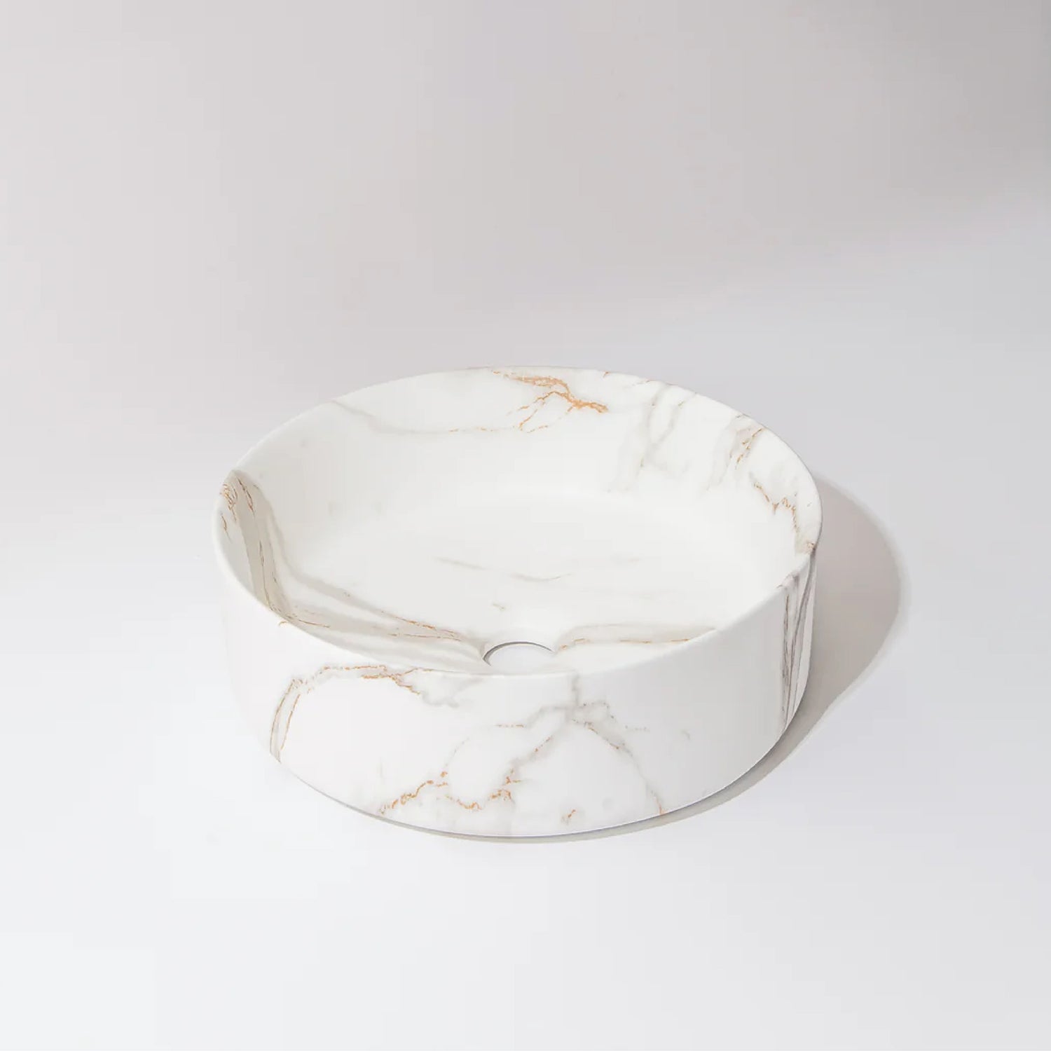 CLAYA Fusion-36 above counter basin in matte white Carrara finish. Compact 360mm round ceramic basin with non-overflow waste for modern bathrooms.-Basin Sink-Ezymall AU