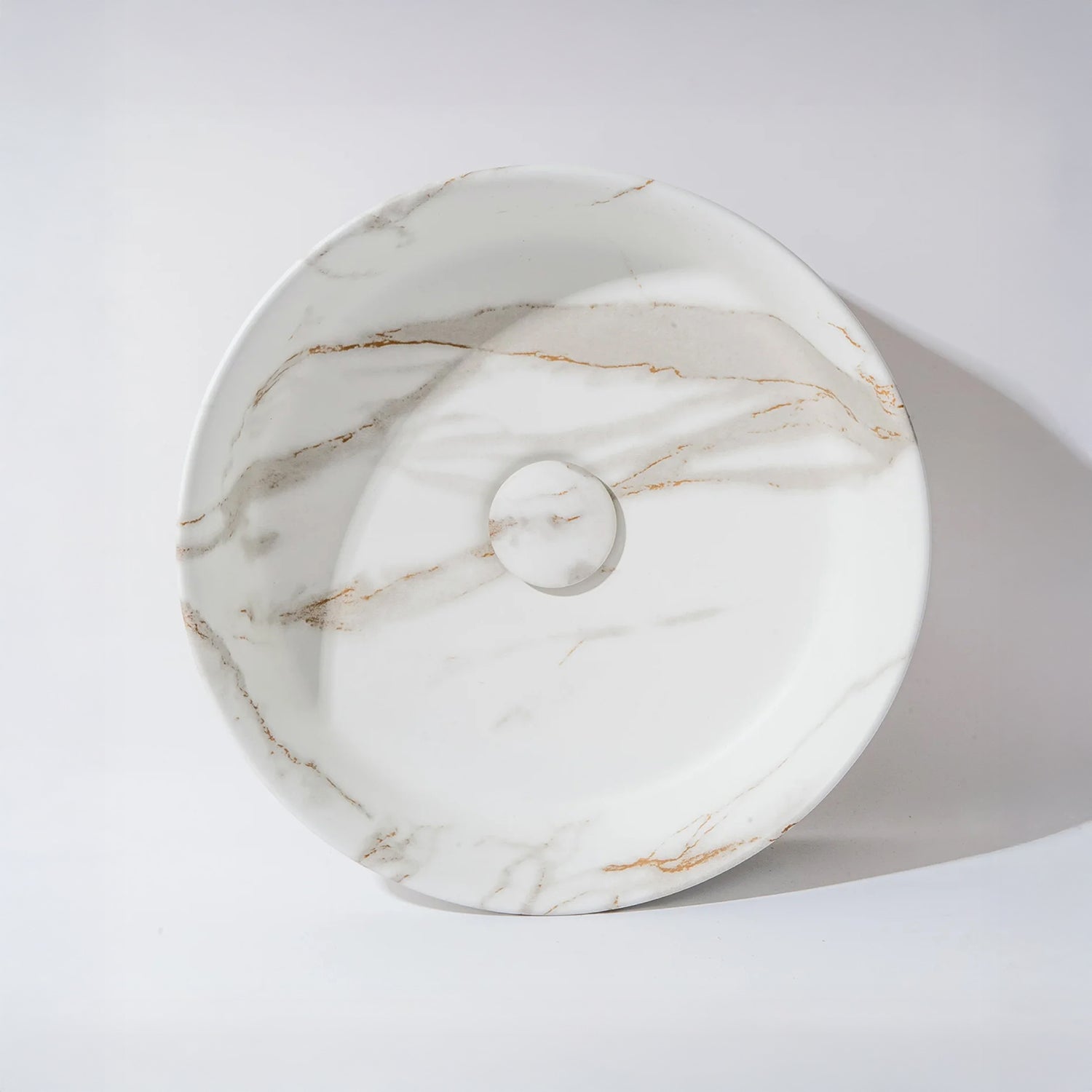 CLAYA Fusion-36 above counter basin in matte white Carrara finish. Compact 360mm round ceramic basin with non-overflow waste for modern bathrooms.-Basin Sink-Ezymall AU