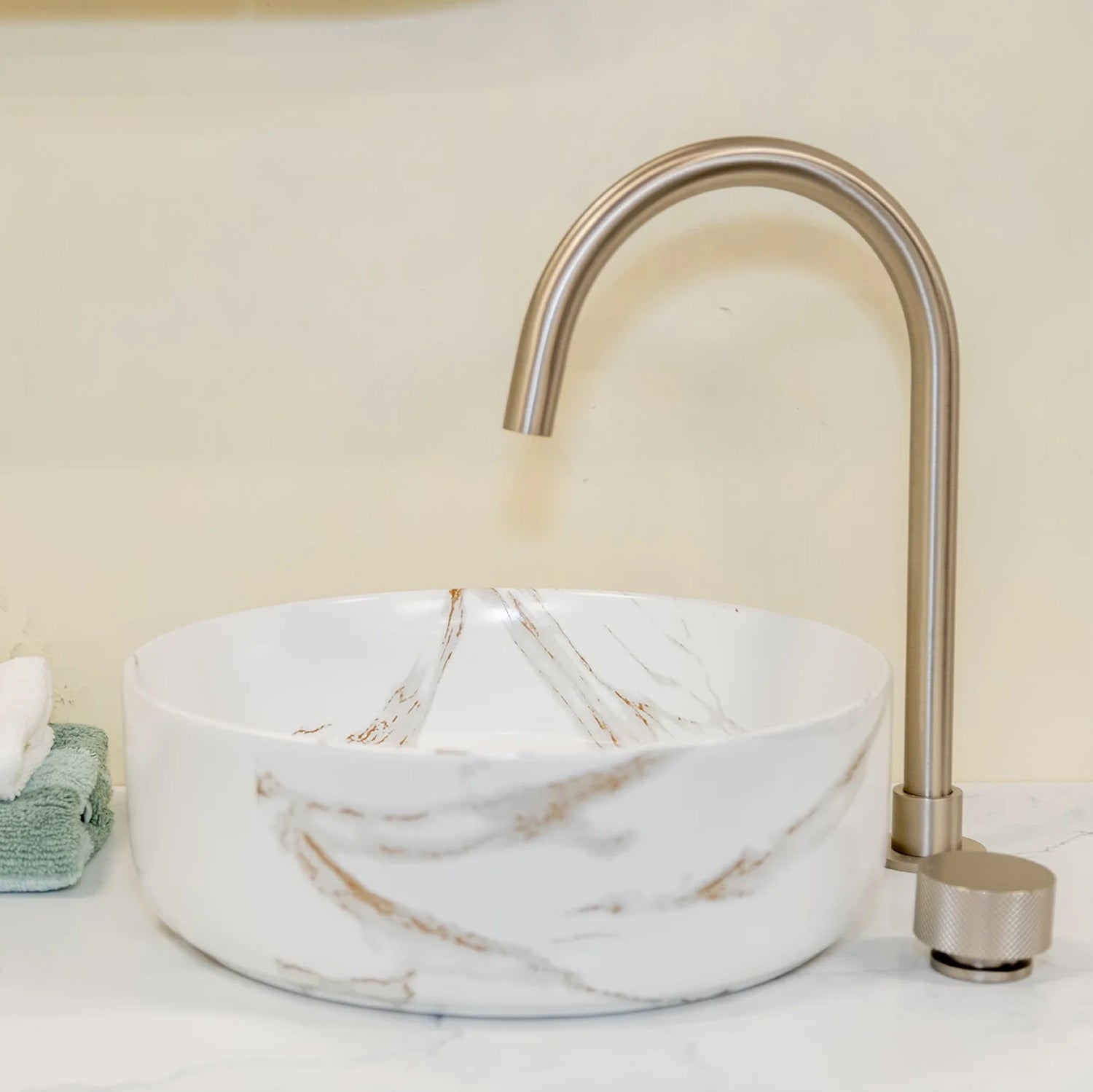 CLAYA Fusion-36 above counter basin in matte white Carrara finish. Compact 360mm round ceramic basin with non-overflow waste for modern bathrooms.-Basin Sink-Ezymall AU