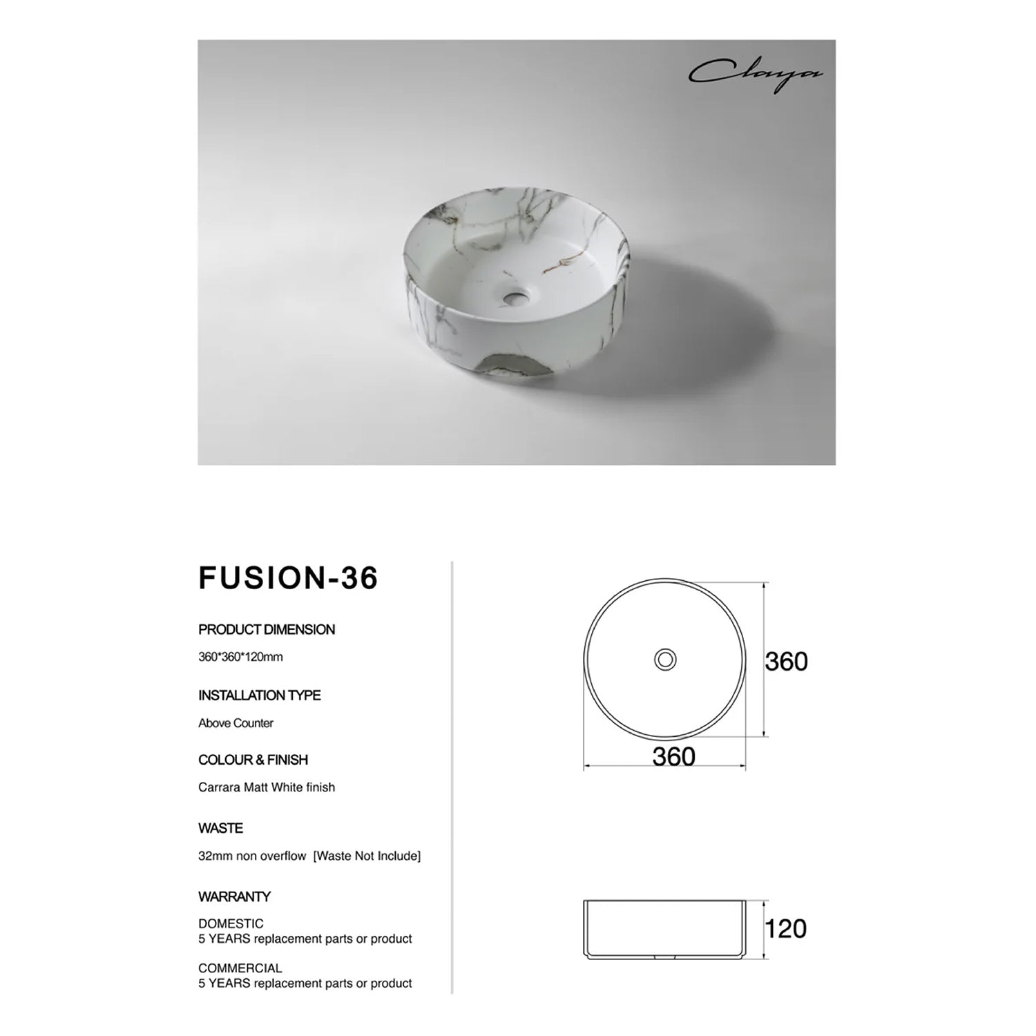 CLAYA Fusion-36 above counter basin in matte white Carrara finish. Compact 360mm round ceramic basin with non-overflow waste for modern bathrooms.-Basin Sink-Ezymall AU