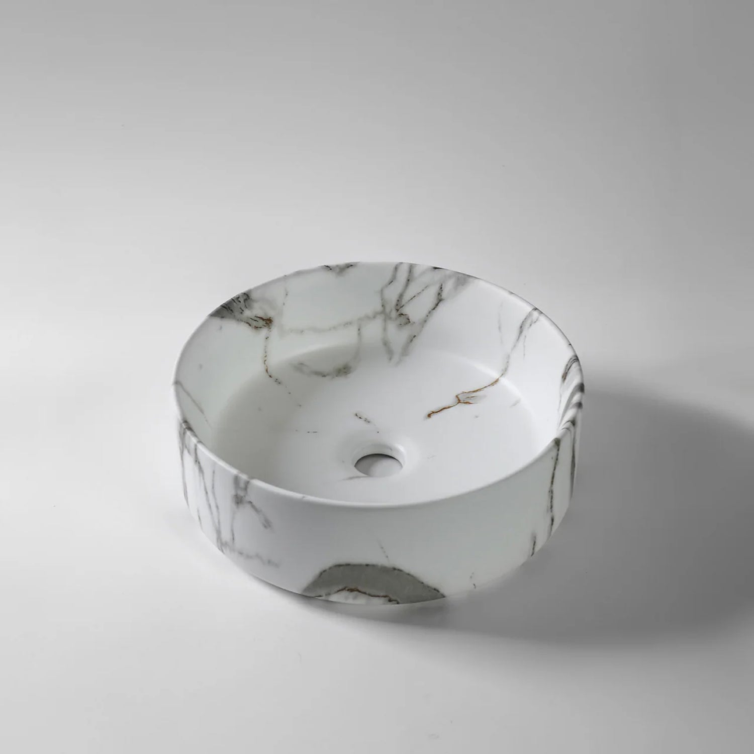CLAYA Fusion-36 above counter basin in matte white Carrara finish. Compact 360mm round ceramic basin with non-overflow waste for modern bathrooms.-Basin Sink-Ezymall AU