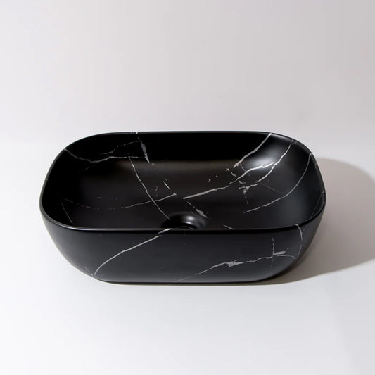 CLAYA fusion 46 ceramic above counter basin matte black carrara marble – view 2