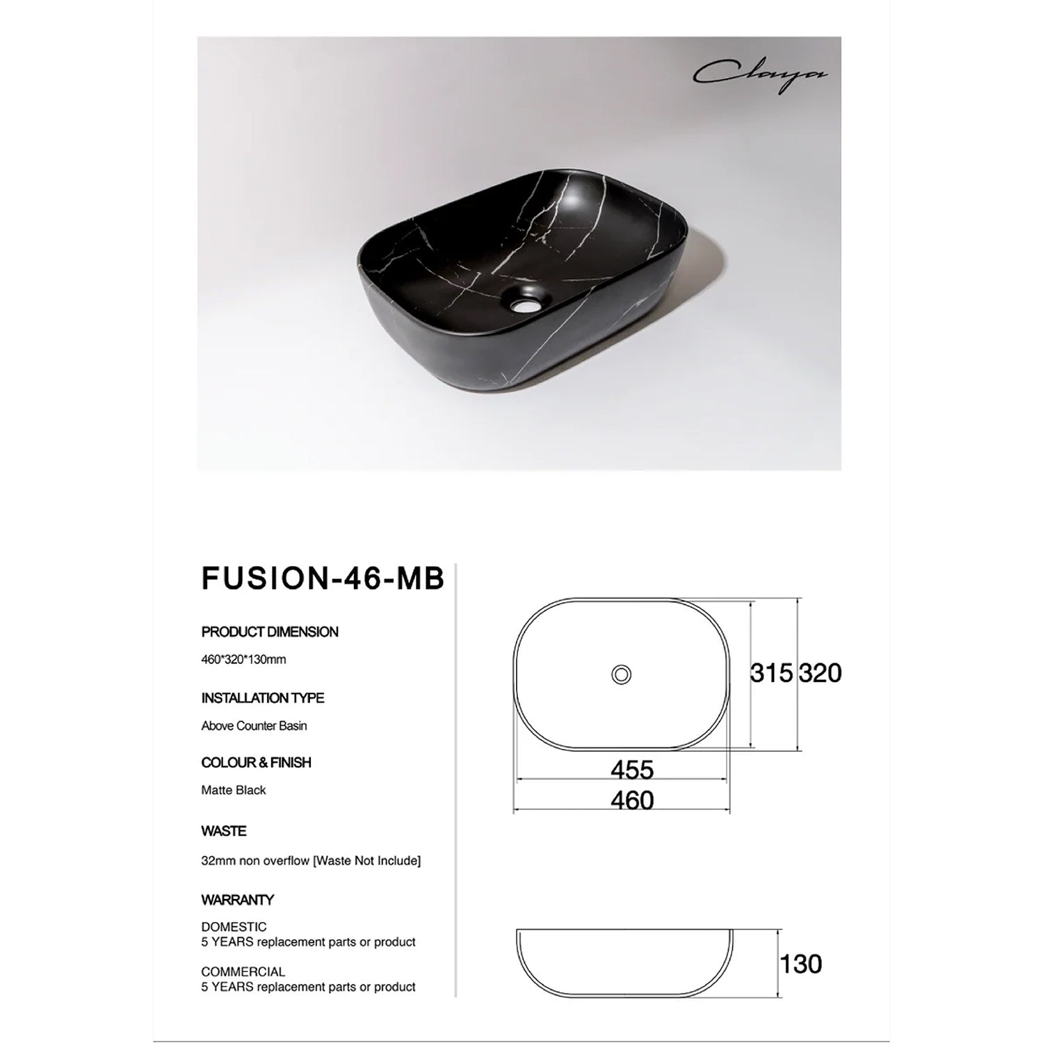 CLAYA Fusion-46 above counter basin in matte black Carrara finish. Durable fine ceramic basin with oval design and 32mm non-overflow waste for modern bathrooms.-Basin Sink-Ezymall AU