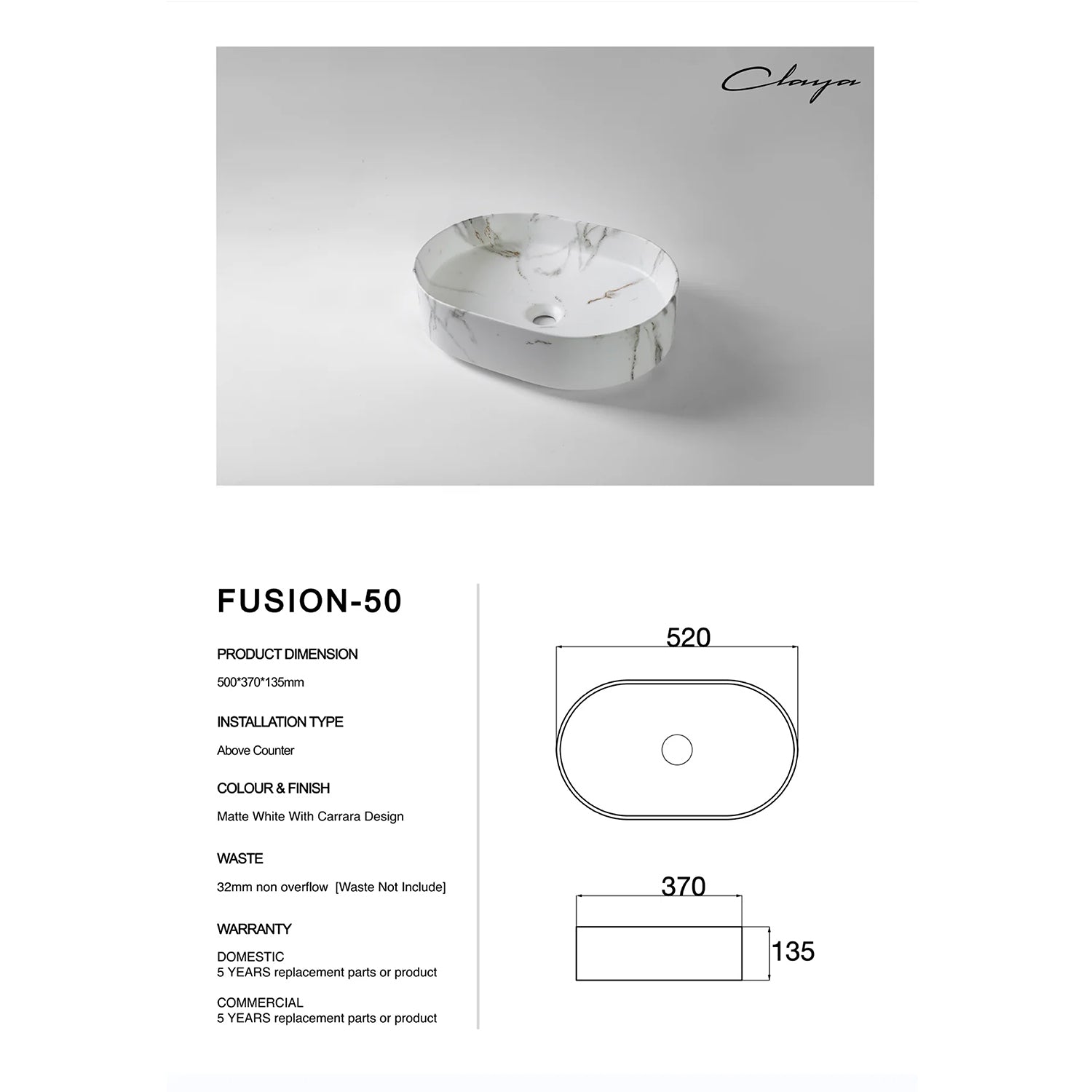 CLAYA Fusion-50 above counter basin with matte white Carrara marble finish. Durable fine ceramic basin with 32mm non-overflow waste for modern bathrooms.-Basin Sink-Ezymall AU