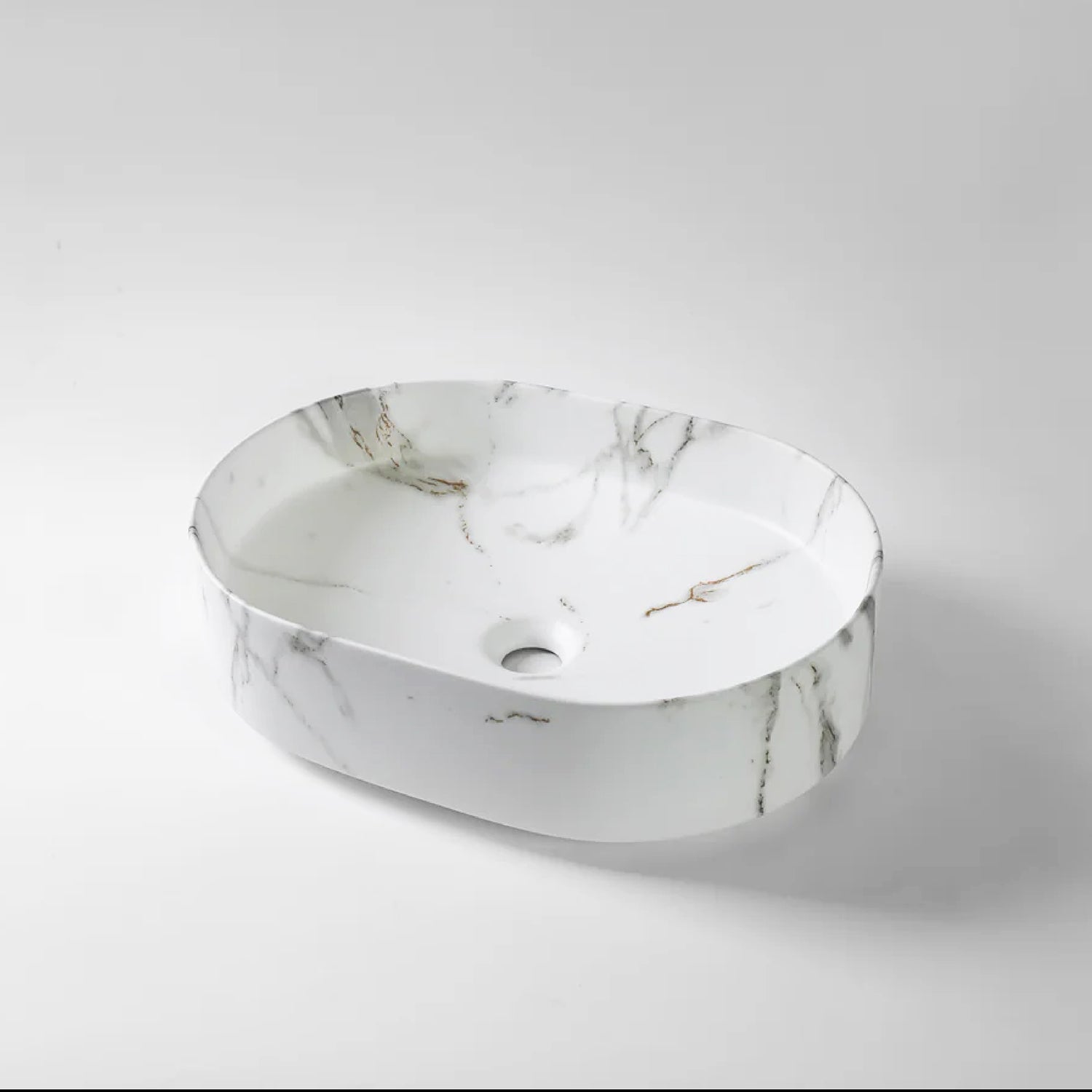 CLAYA Fusion-50 above counter basin with matte white Carrara marble finish. Durable fine ceramic basin with 32mm non-overflow waste for modern bathrooms.-Basin Sink-Ezymall AU