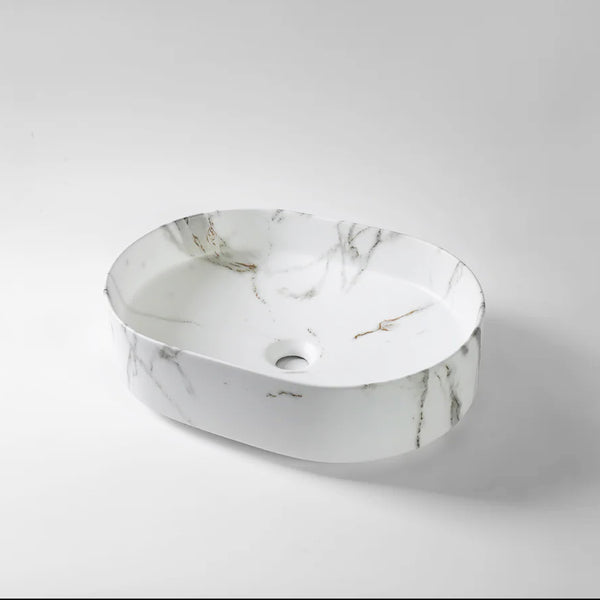 CLAYA Fusion-50 above counter basin with matte white Carrara marble finish. Durable fine ceramic basin with 32mm non-overflow waste for modern bathrooms.-Basin Sink-Ezymall AU