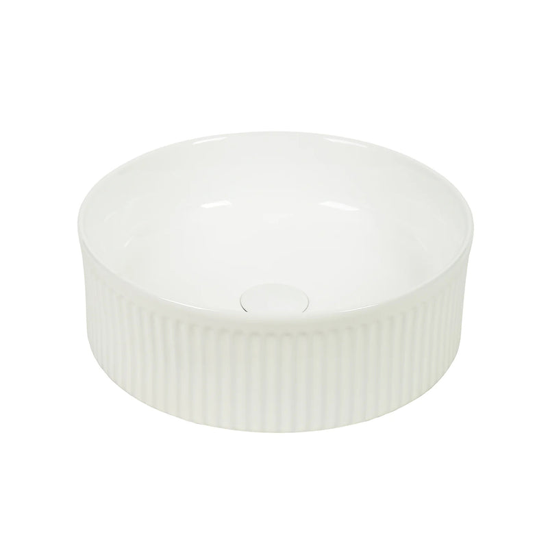 CLAYA Lucid-37 fluted above counter basin in gloss white ceramic. 370mm round basin for modern bathrooms.-Basin Sink-Ezymall AU