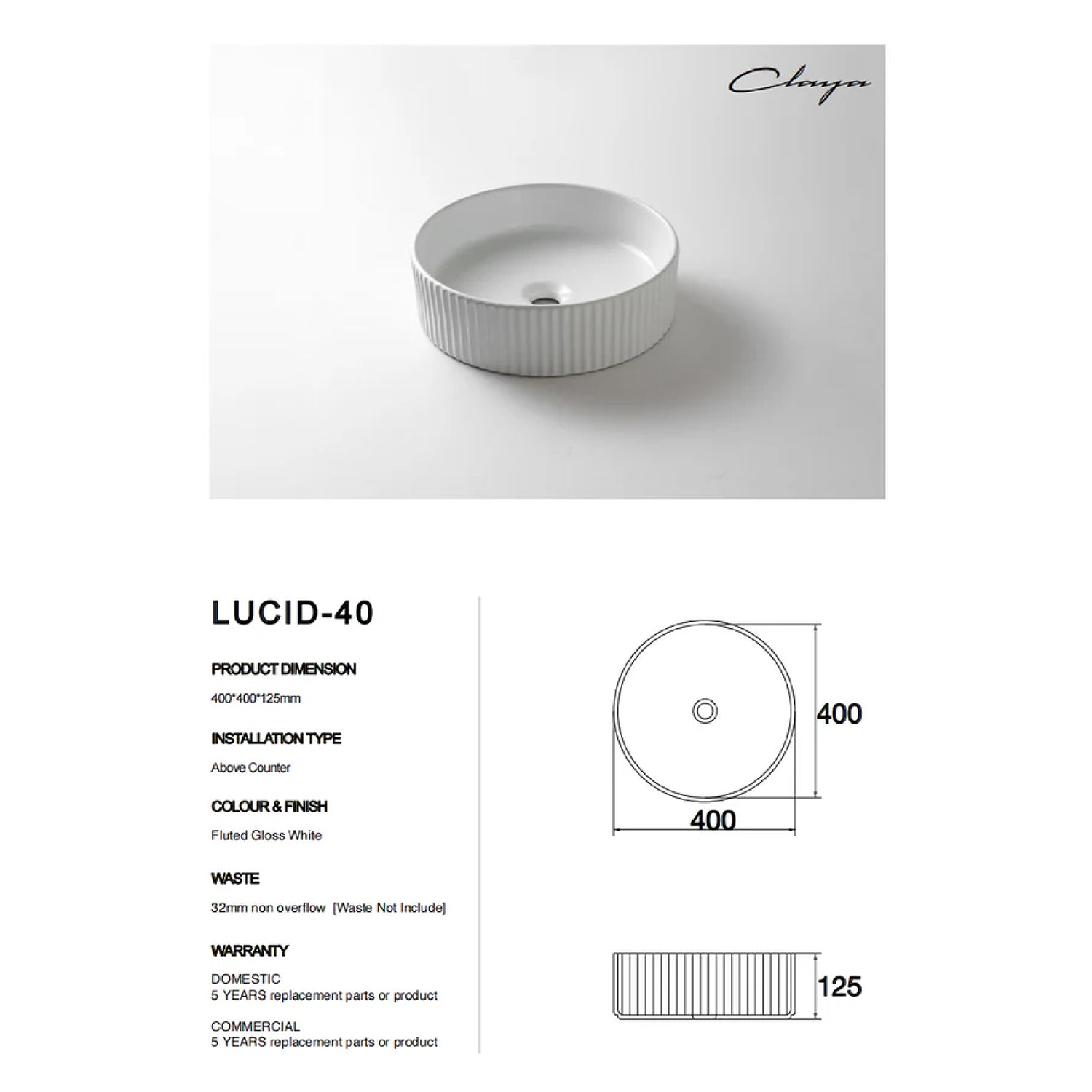 CLAYA Lucid-40 above counter basin in gloss white ceramic. 400mm round basin for modern bathrooms.-Basin Sink-Ezymall AU