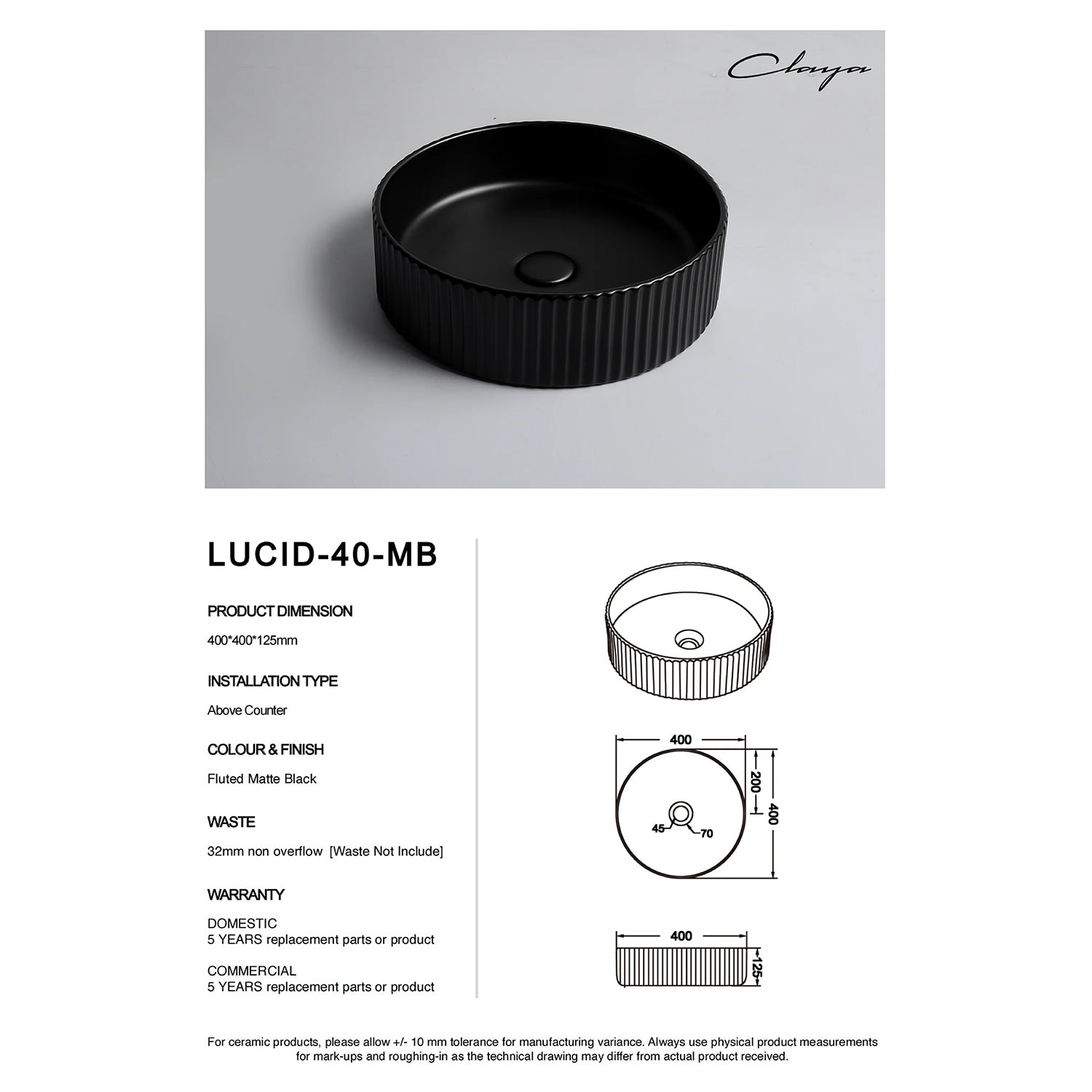 CLAYA Lucid-40 above counter basin in matte black ceramic. 400mm round basin for modern bathrooms.-Basin Sink-Ezymall AU