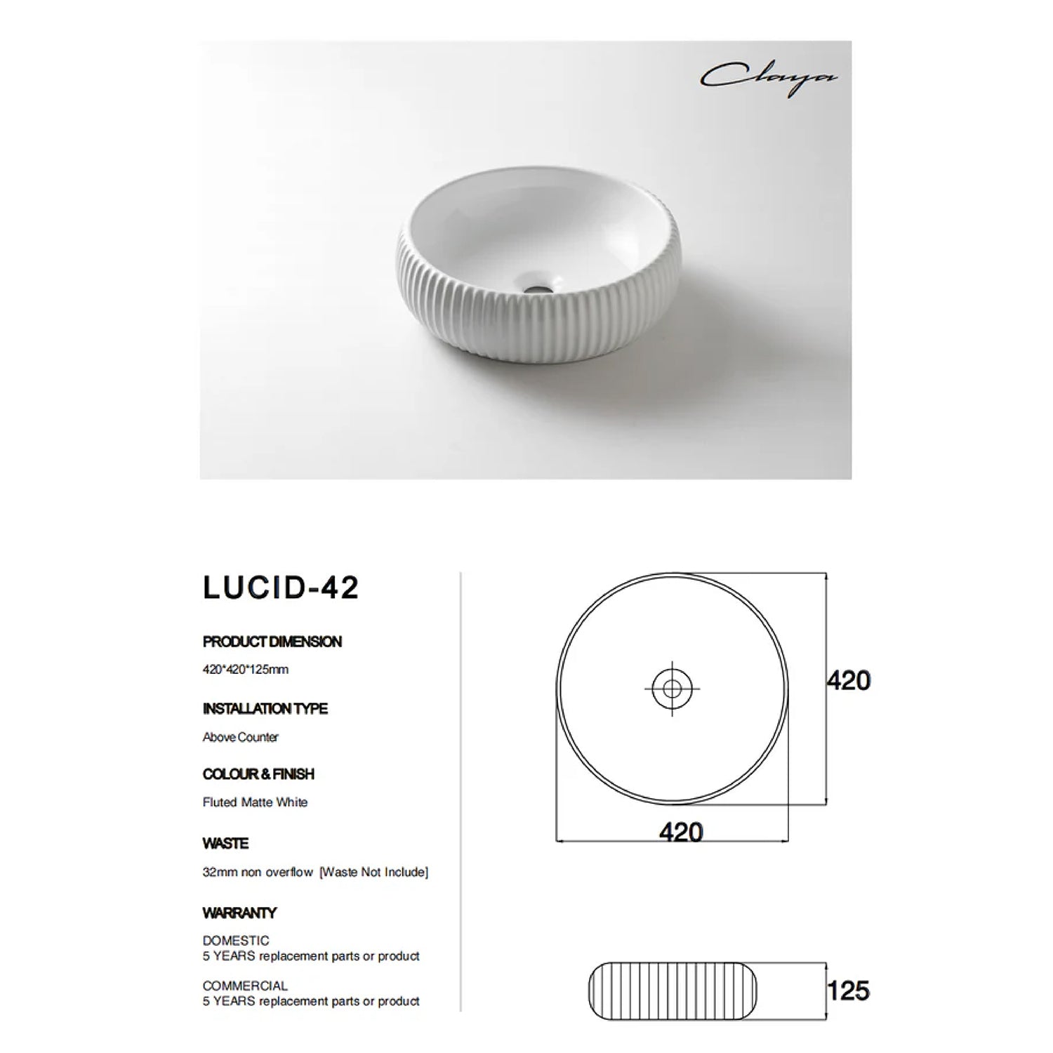 CLAYA Lucid-42 above counter basin in gloss white ceramic. 420mm round bowl basin for modern bathroom vanities.-Basin Sink-Ezymall AU