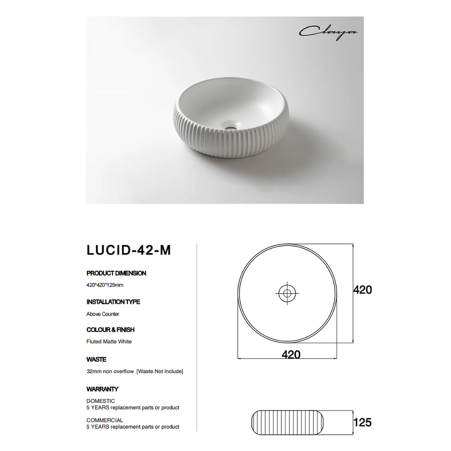 CLAYA Lucid-42 above counter basin in matte white ceramic. 420mm round bowl basin for modern bathroom vanities.-Basin Sink-Ezymall AU