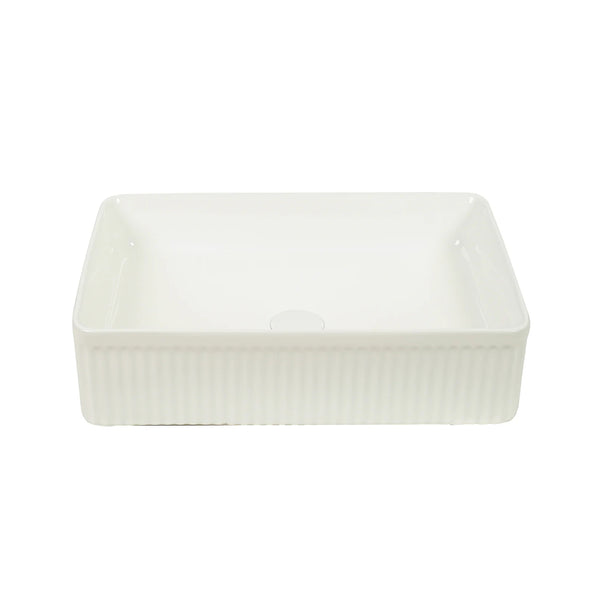 CLAYA Lucid-50 fluted rectangular above counter basin in gloss white ceramic. 500mm basin design for modern bathrooms.-Basin Sink-Ezymall AU