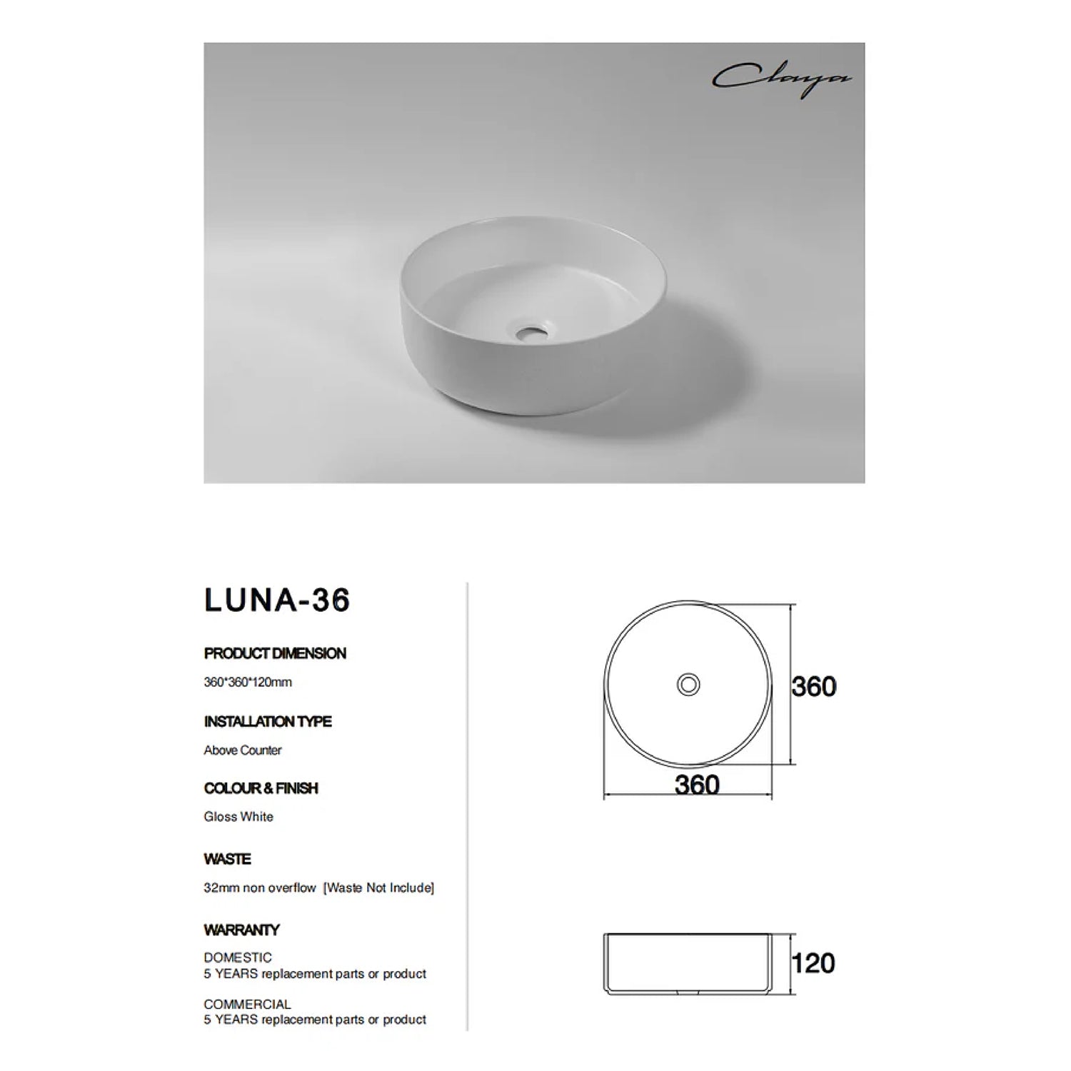 CLAYA Luna-36 above counter basin in gloss white ceramic. 360mm round basin for modern and compact bathroom spaces.-Basin Sink-Ezymall AU