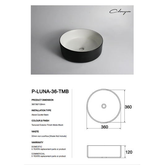 CLAYA luna 36 above counter round basin textured matte black – view 2