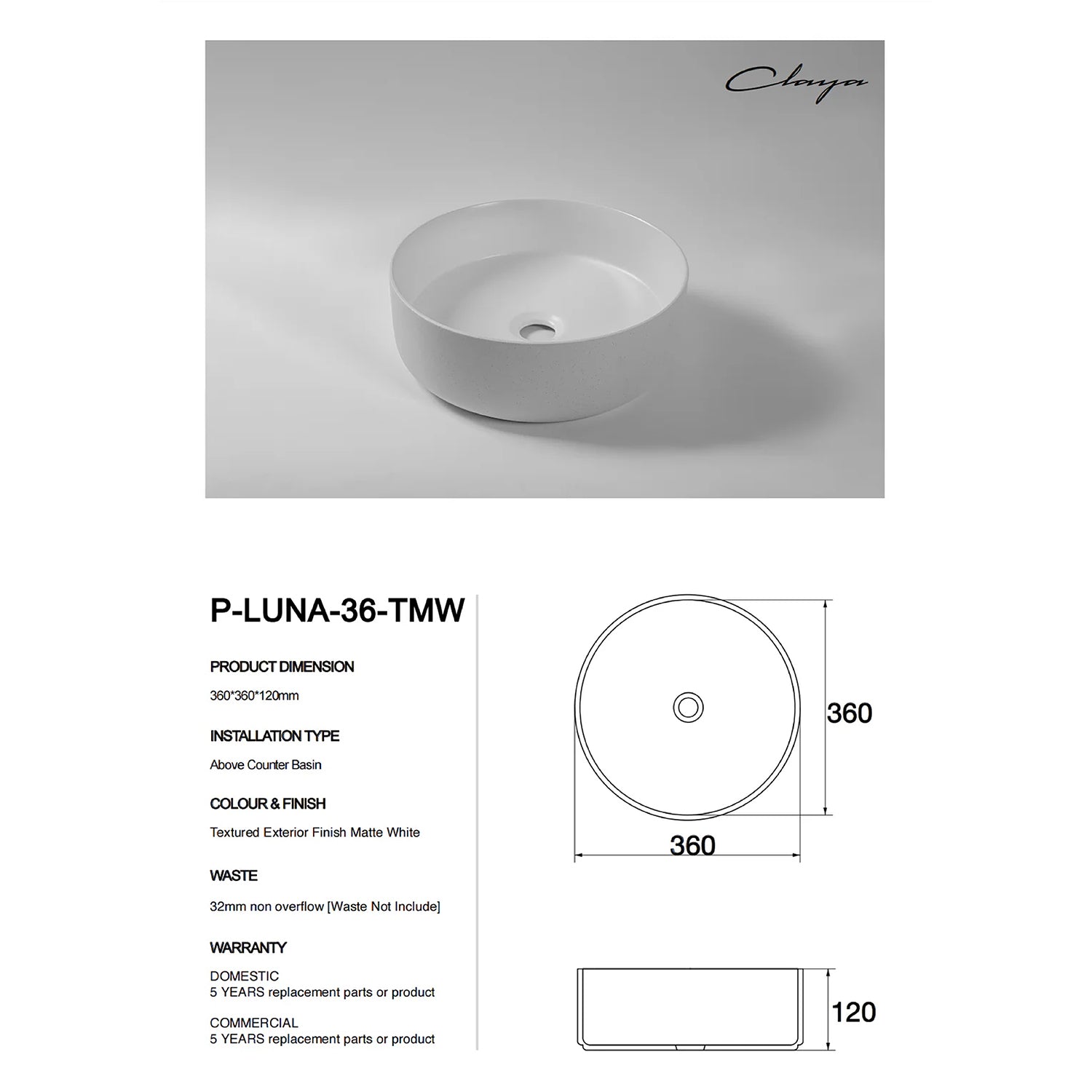 CLAYA Luna-36 above counter basin in textured matte white ceramic. 360mm round basin for modern and compact bathroom spaces.-Basin Sink-Ezymall AU